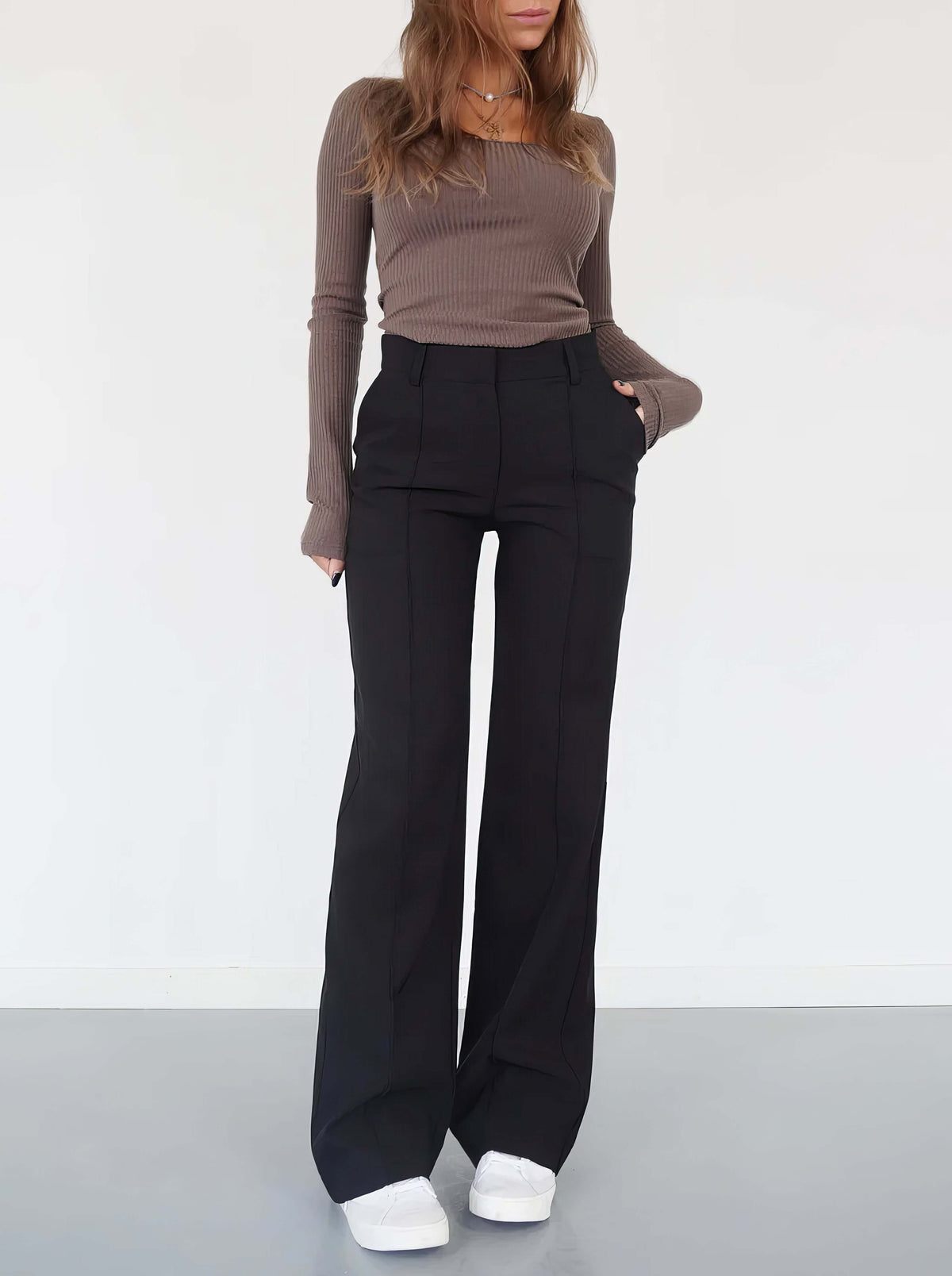 Elora - Women's Wide Leg Trousers with Ribbed Top