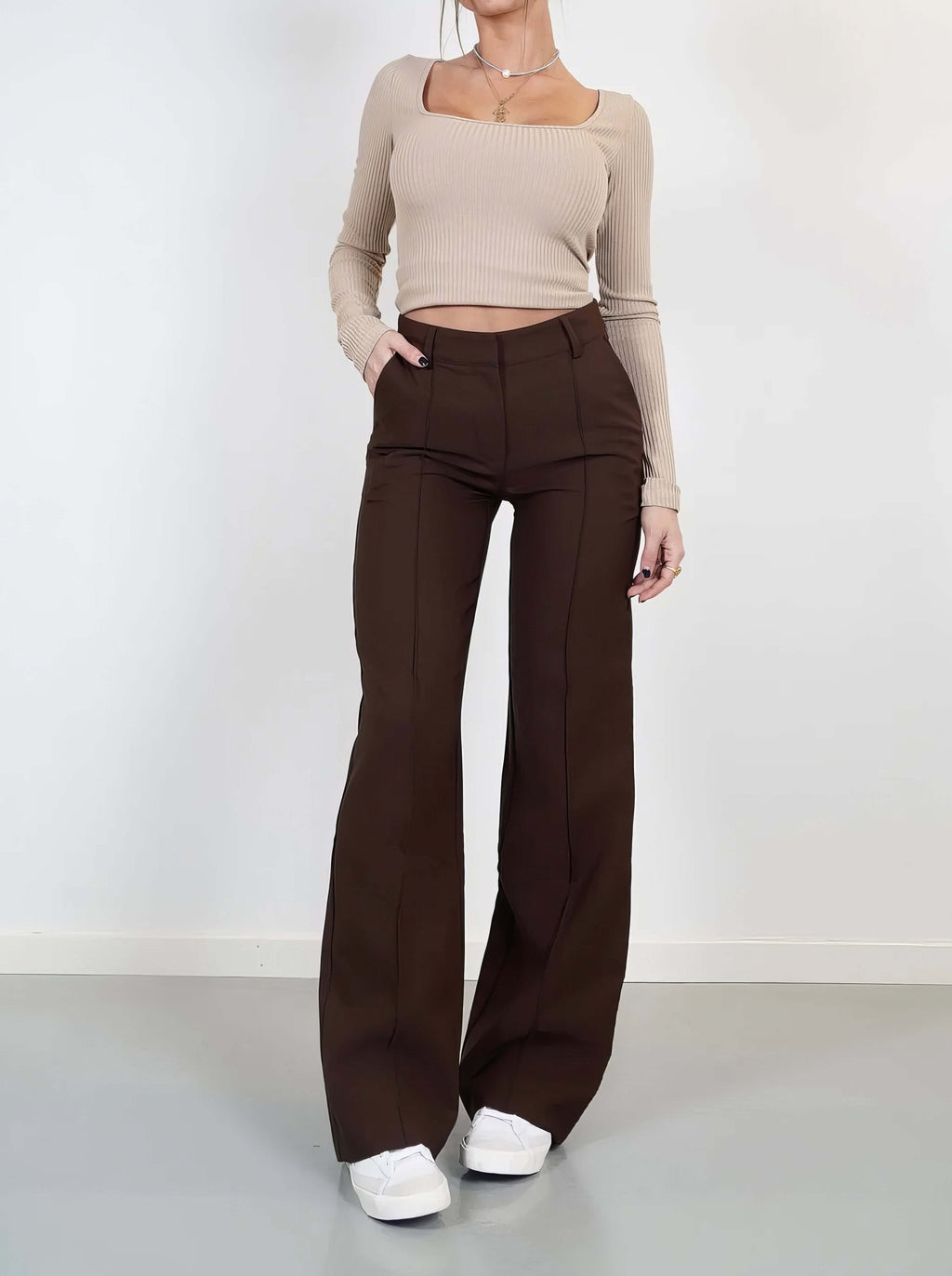 Elora - Women's Wide Leg Trousers with Ribbed Top
