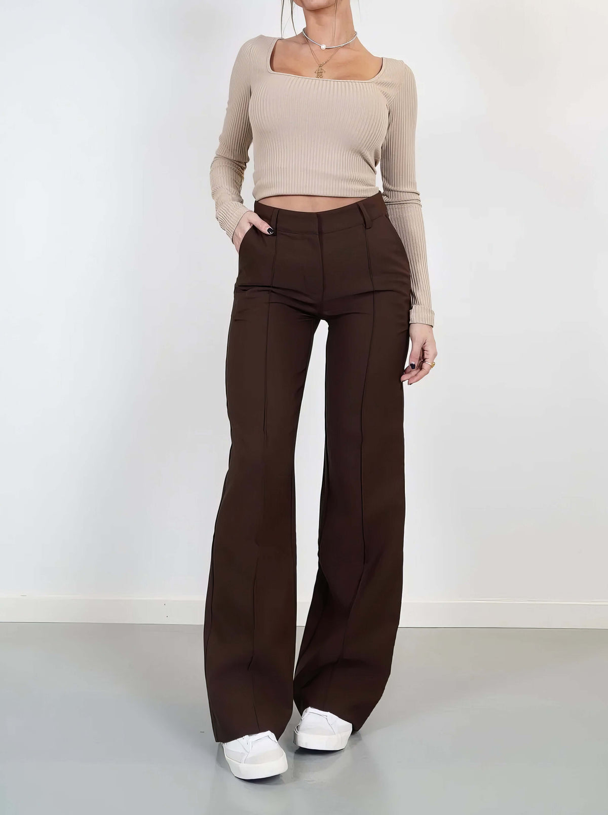 Elora - Women's Wide Leg Trousers with Ribbed Top