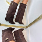 Elowen - Women's Knee High Boots with Gold-Tone Buckle