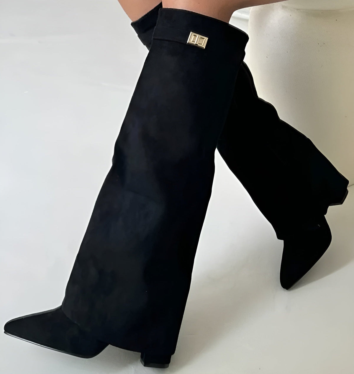 Elowen - Women's Knee High Boots with Gold-Tone Buckle