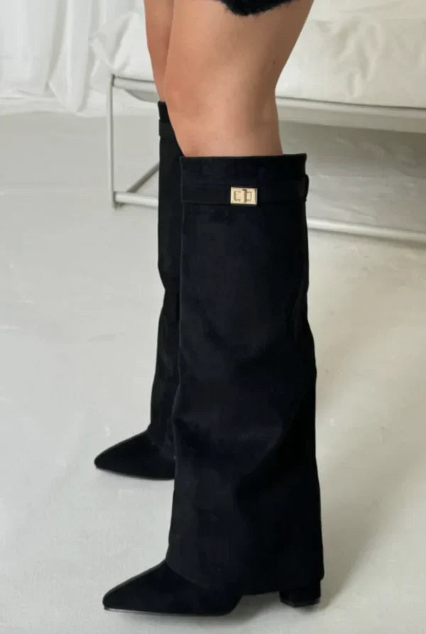 Elowen - Women's Knee High Boots with Gold-Tone Buckle