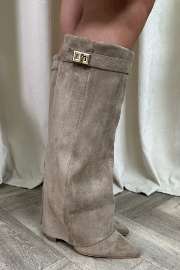 Elowen - Women's Knee High Boots with Gold-Tone Buckle