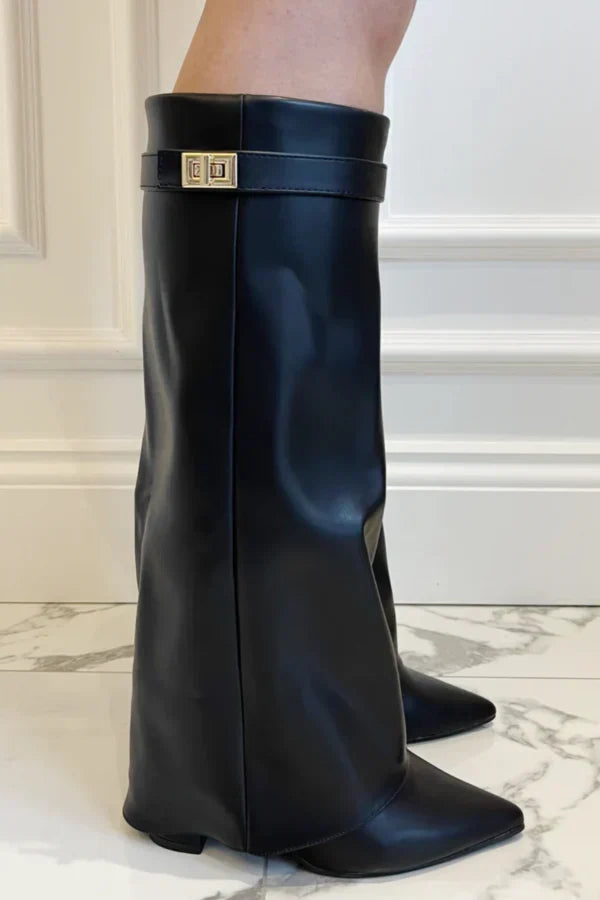 Elowen - Women's Knee High Boots with Gold-Tone Buckle