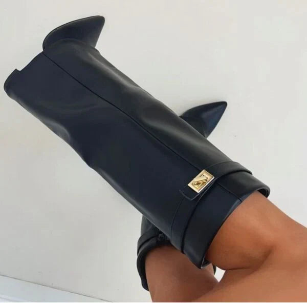 Elowen - Women's Knee High Boots with Gold-Tone Buckle