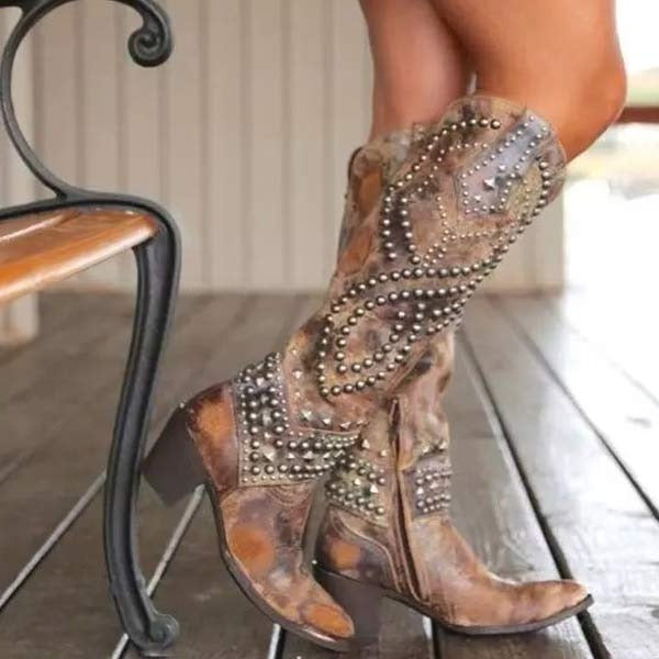 Fleur - Women's Embellished Knee High Boots with Stud Detail