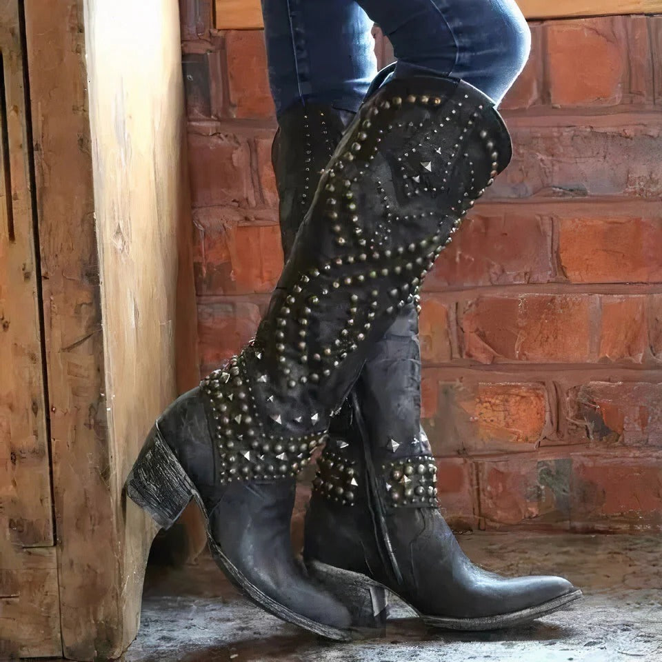 Fleur - Women's Embellished Knee High Boots with Stud Detail