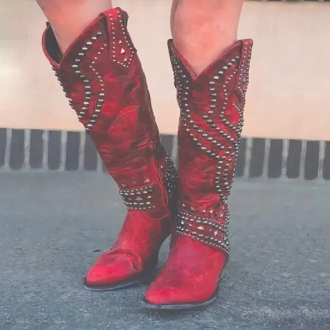 Fleur - Women's Embellished Knee High Boots with Stud Detail