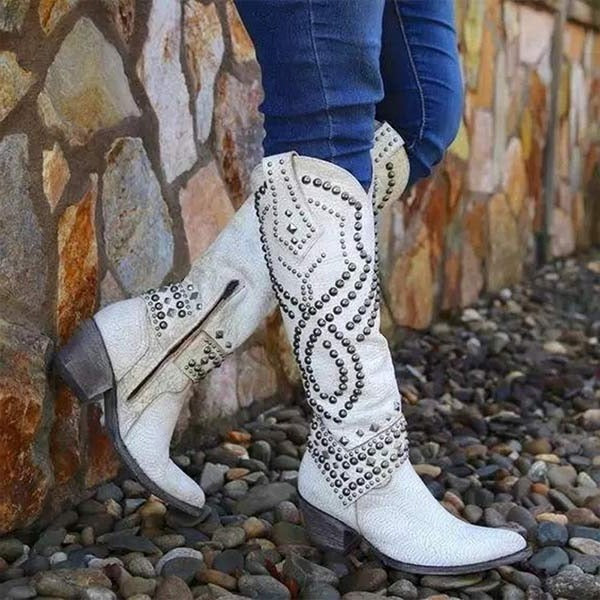 Fleur - Women's Embellished Knee High Boots with Stud Detail