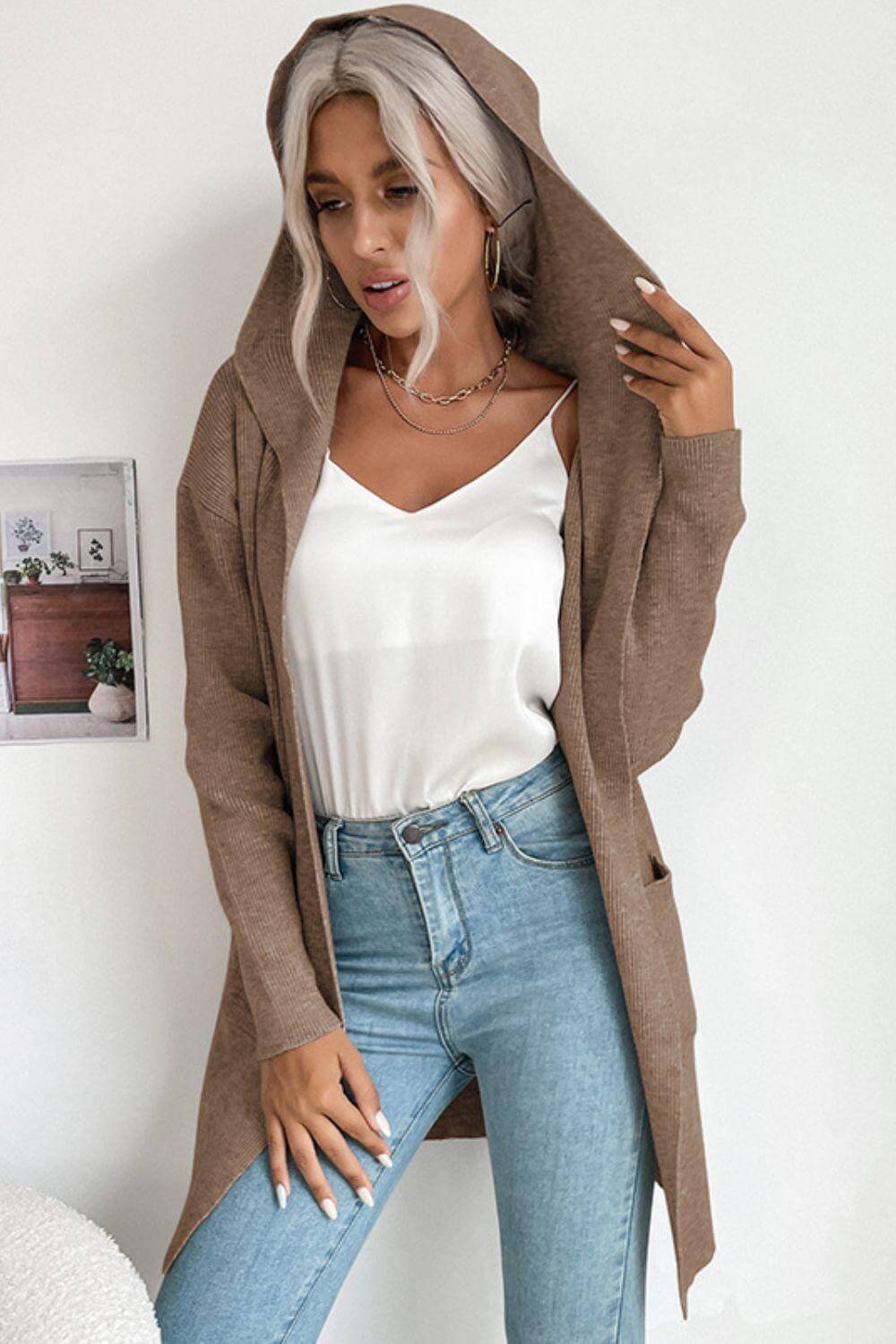 Freya - Women's Casual Open Front Hooded Cardigan