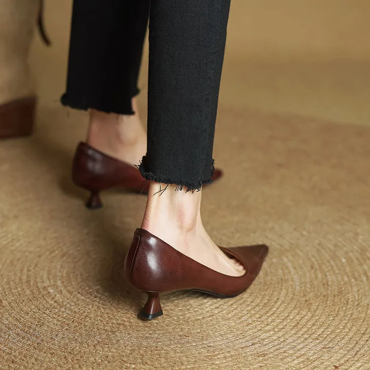 Imogen - Women's Leather Kitten Heel Shoes in Burgundy