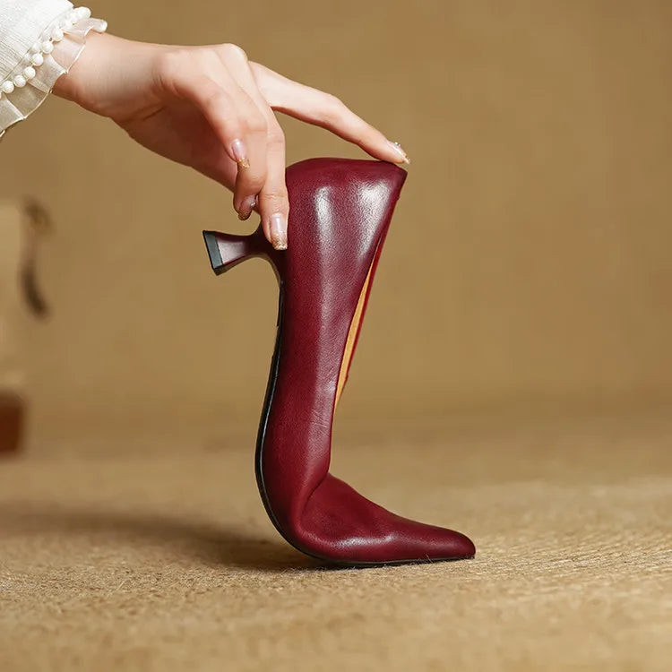 Imogen - Women's Leather Kitten Heel Shoes in Burgundy