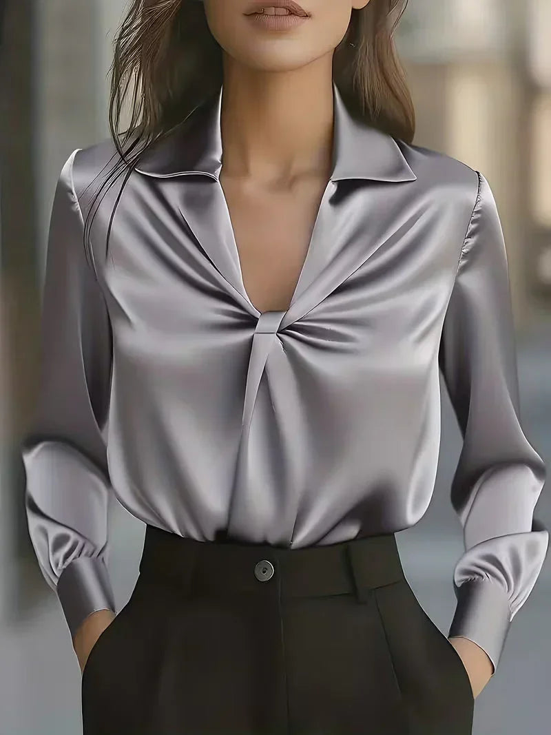 Isla - Women's Glossy Draped Blouse with Structured Collar