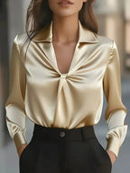Isla - Women's Glossy Draped Blouse with Structured Collar
