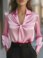 Isla - Women's Glossy Draped Blouse with Structured Collar