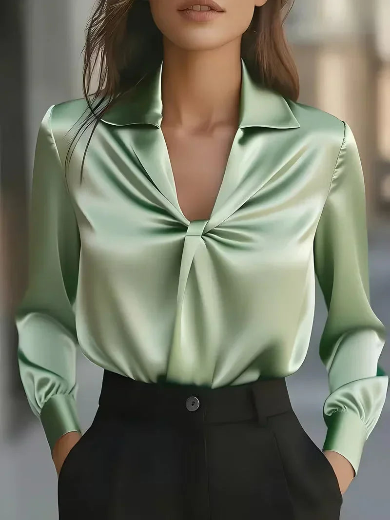 Isla - Women's Glossy Draped Blouse with Structured Collar