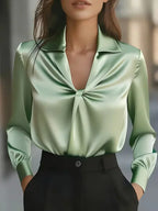 Isla - Women's Glossy Draped Blouse with Structured Collar