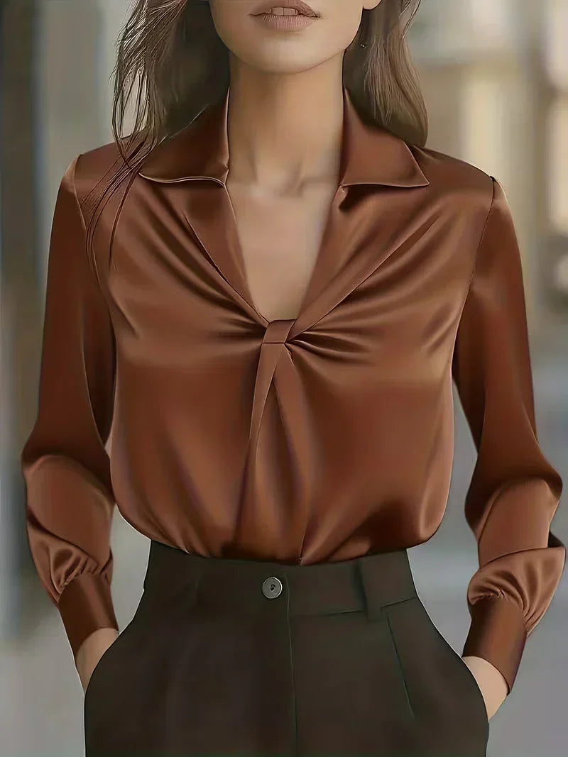 Isla - Women's Glossy Draped Blouse with Structured Collar