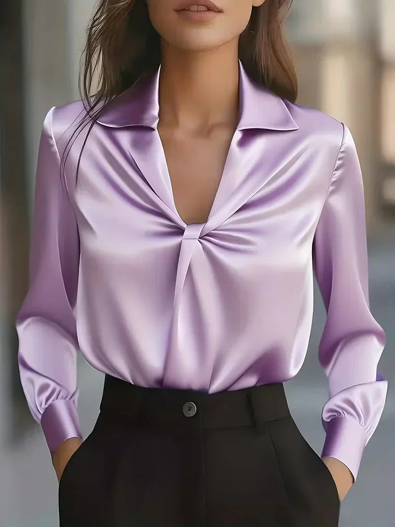 Isla - Women's Glossy Draped Blouse with Structured Collar