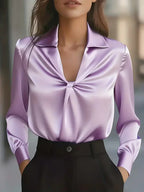 Isla - Women's Glossy Draped Blouse with Structured Collar