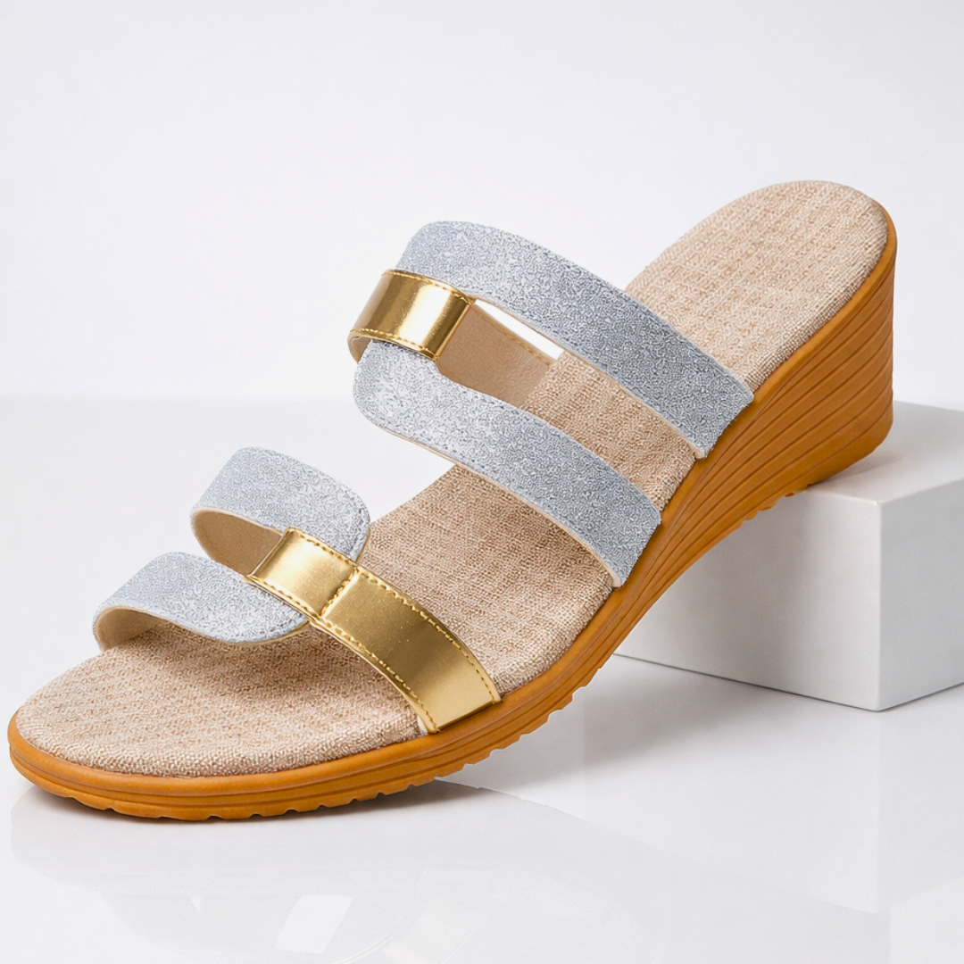 Isolde - Women's Glittery Wedge Sandals with Gold-Tone Accents