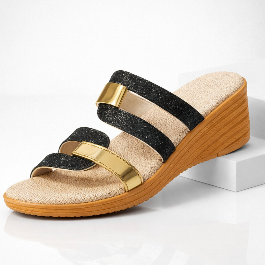 Isolde - Women's Glittery Wedge Sandals with Gold-Tone Accents