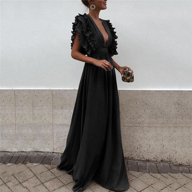 Juniper - Women's Elegant Ruffle Sleeve Maxi Dress