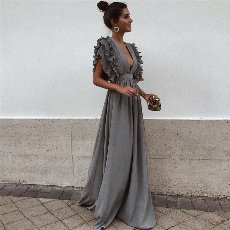 Juniper - Women's Elegant Ruffle Sleeve Maxi Dress