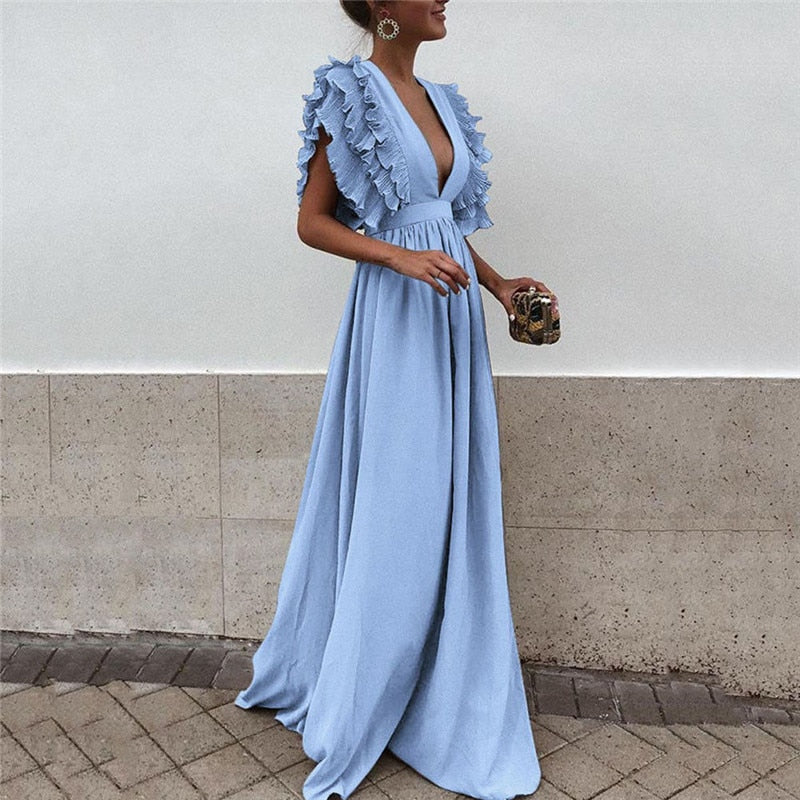 Juniper - Women's Elegant Ruffle Sleeve Maxi Dress