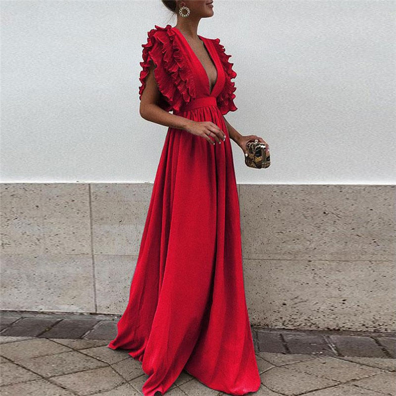 Juniper - Women's Elegant Ruffle Sleeve Maxi Dress