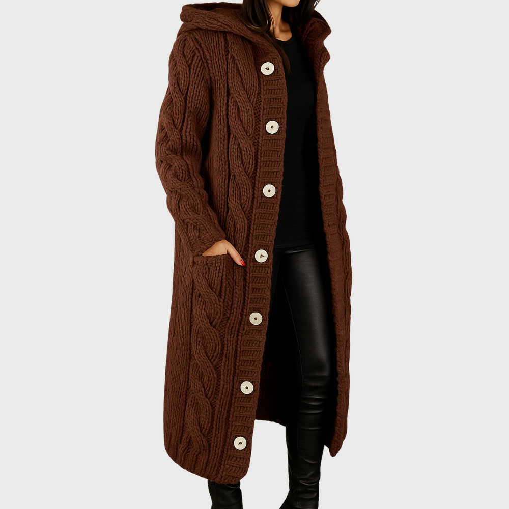 Lena - Women's Knitted Longline Coat with Hood