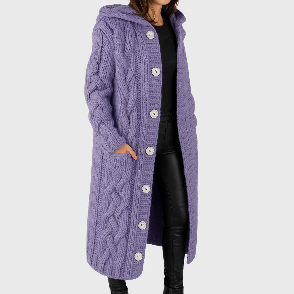 Lena - Women's Knitted Longline Coat with Hood