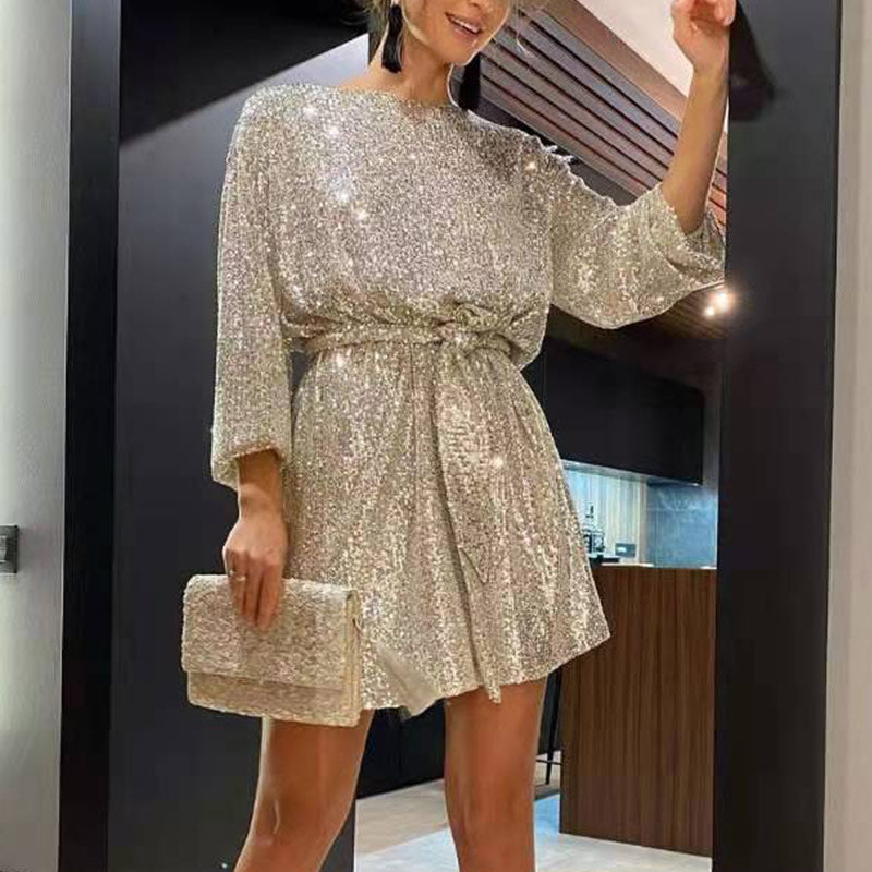Leona - Women's Fancy Sequin Belted Dress