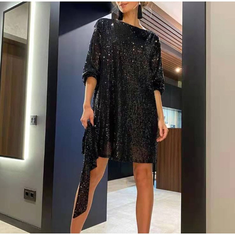 Leona - Women's Fancy Sequin Belted Dress