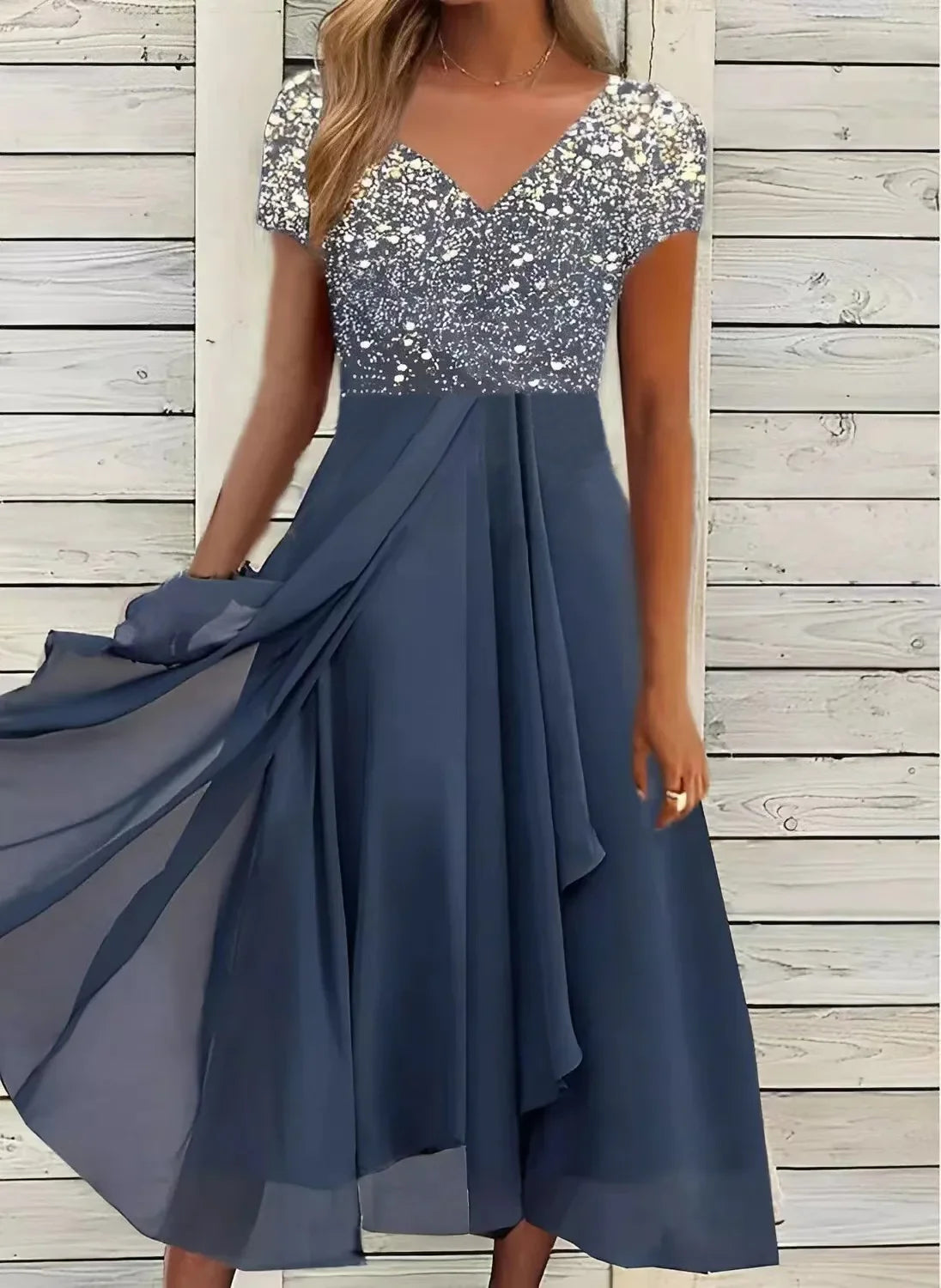 Liora - Women's Fancy Sequin Bodice Midi Dress