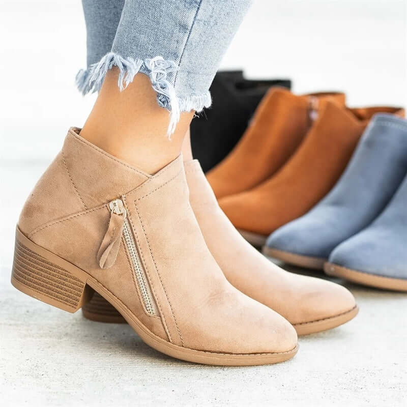 Liora - Women's Faux Suede Ankle Boots with Zip Detail