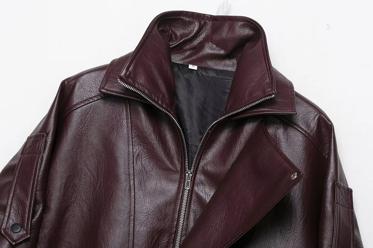 Mavis - Women's Faux Leather Jacket with Buckle Detail