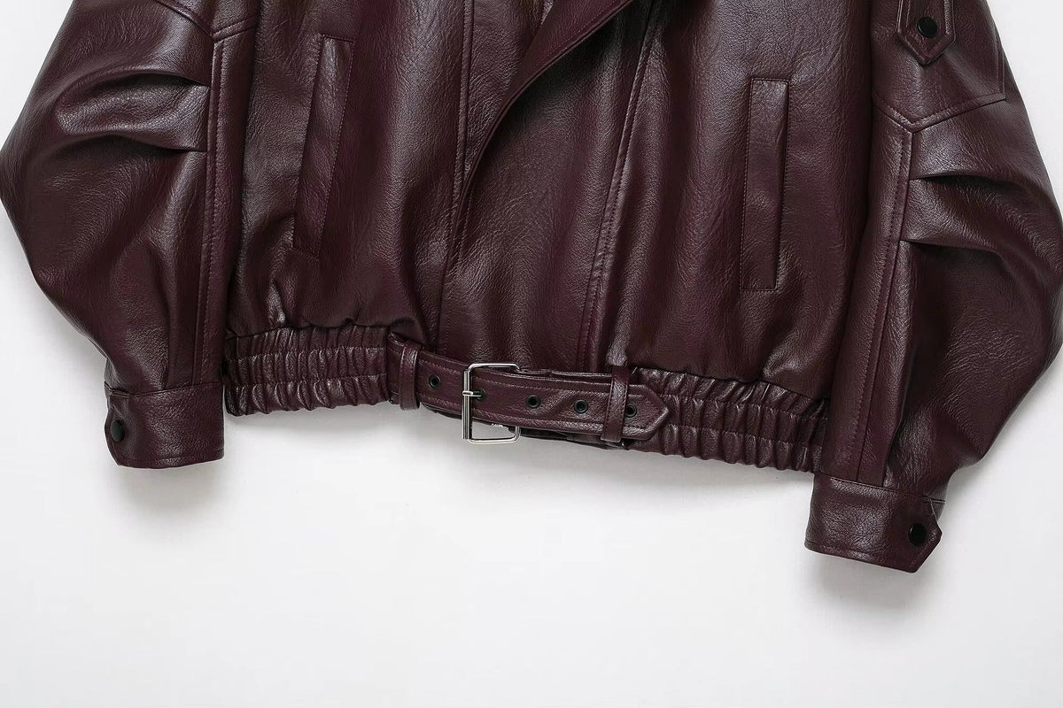 Mavis - Women's Faux Leather Jacket with Buckle Detail