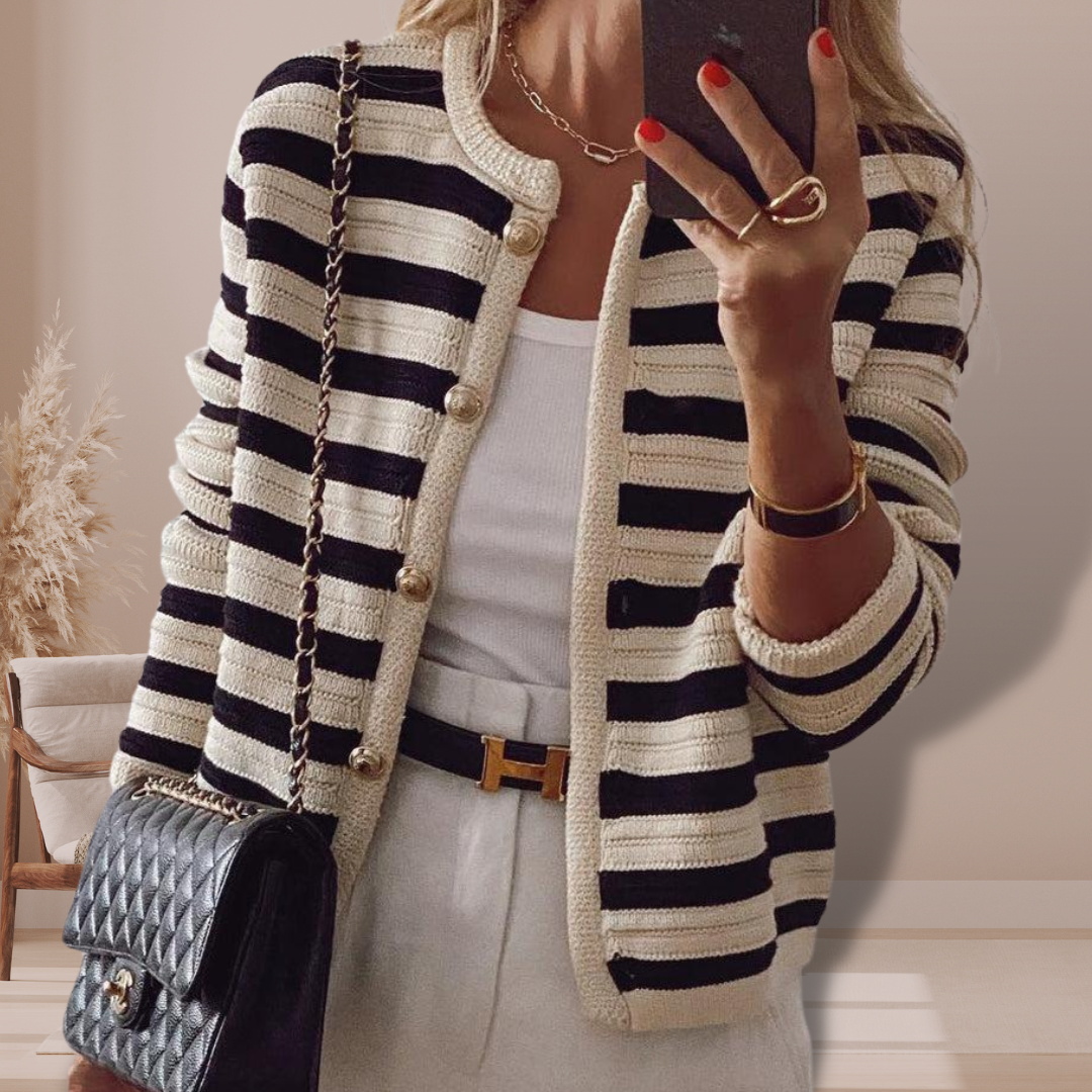 Mette - Women's Classic Striped Cardigan with Gold Buttons