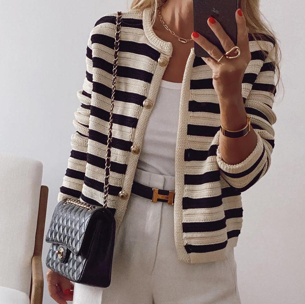 Mette - Women's Classic Striped Cardigan with Gold Buttons