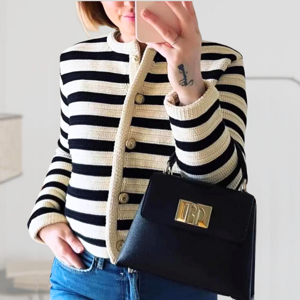 Mette - Women's Classic Striped Cardigan with Gold Buttons