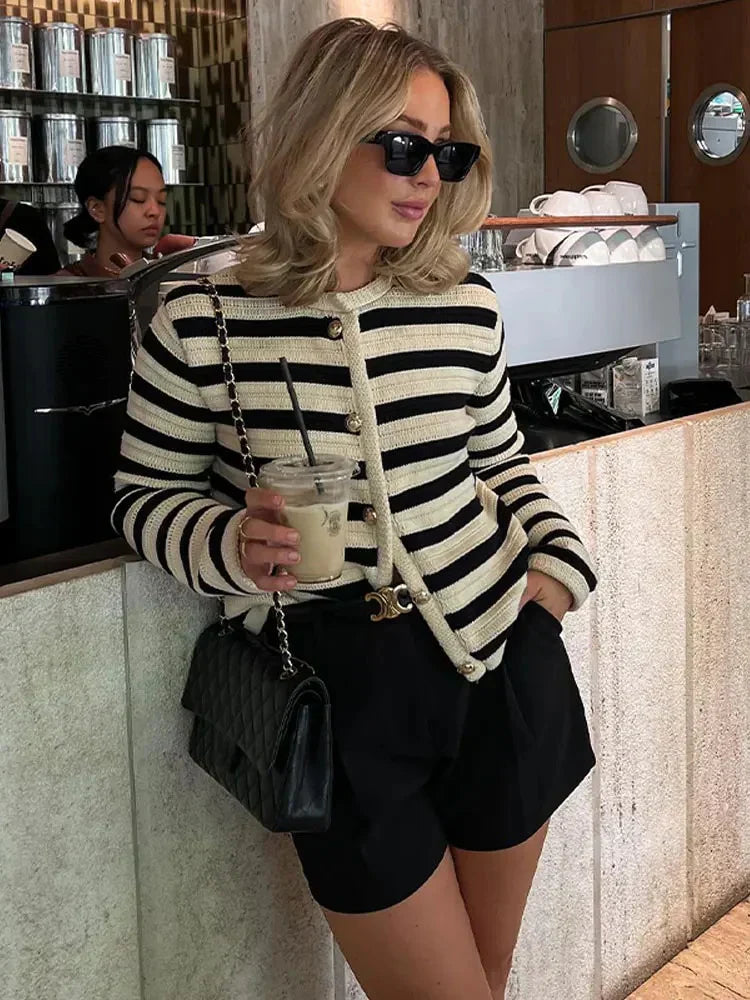 Mette - Women's Classic Striped Cardigan with Gold Buttons
