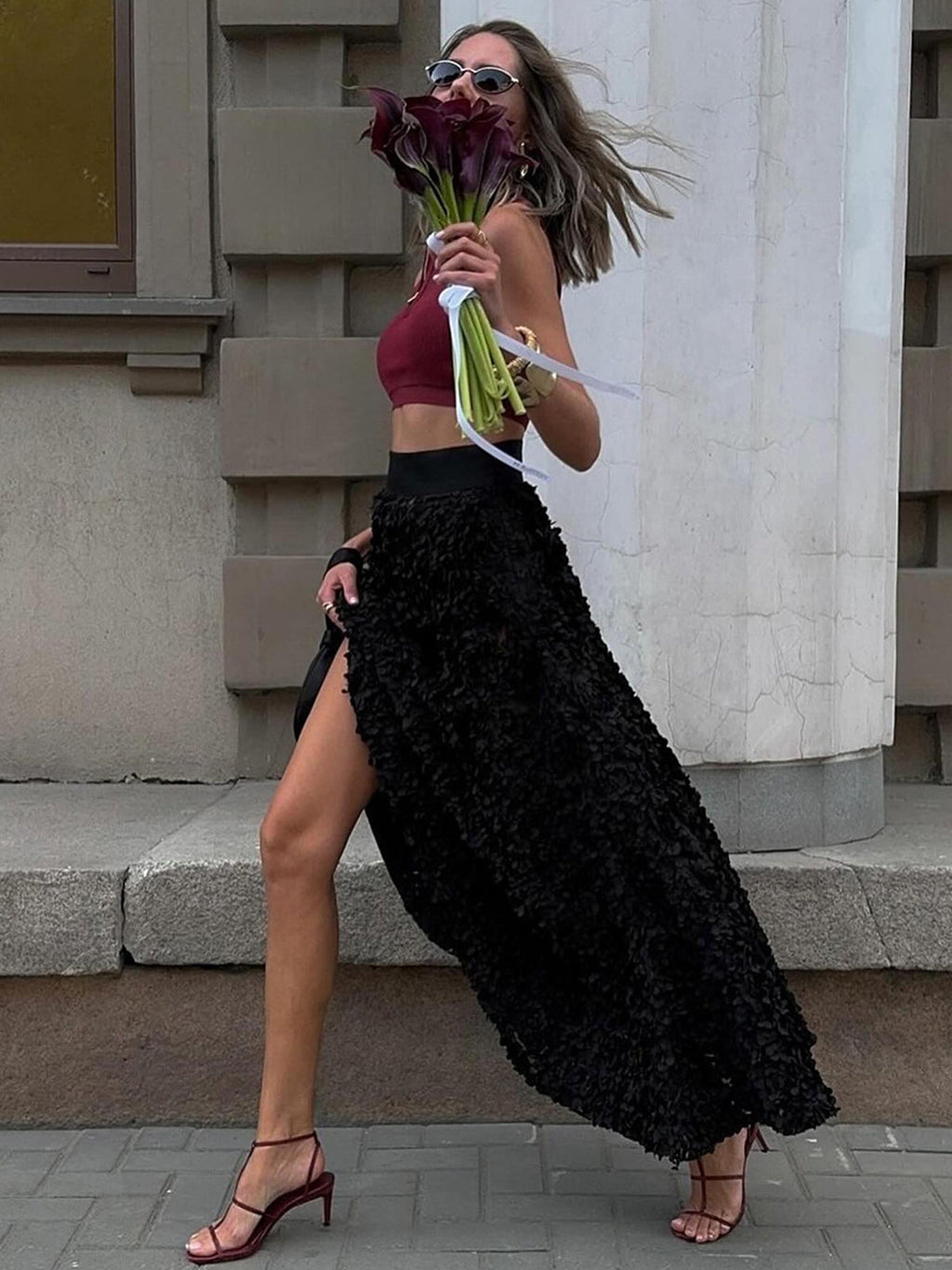 Nadia - Women's Elegant Red Floral Maxi Skirt