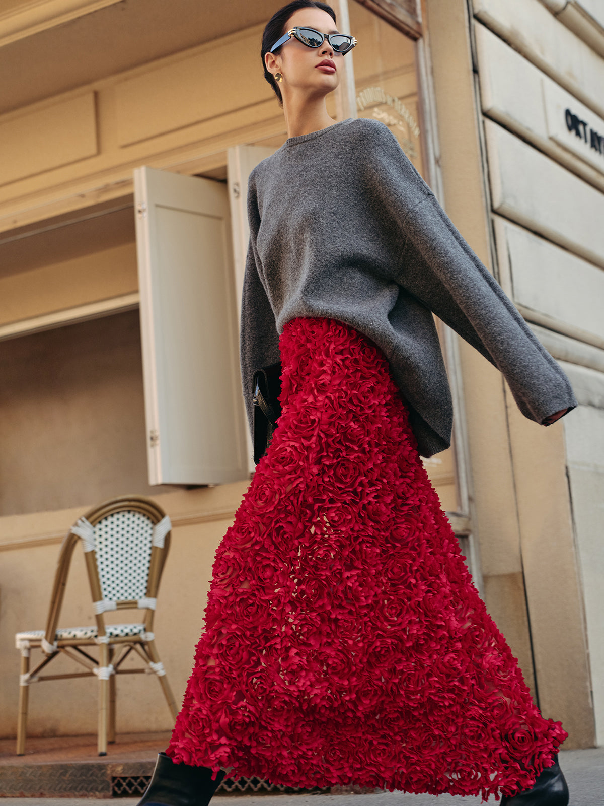 Nadia - Women's Elegant Red Floral Maxi Skirt