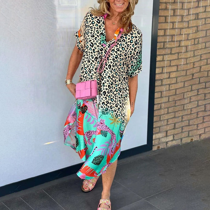 Petra - Women's Leopard Print Midi Dress with Colourful Hem