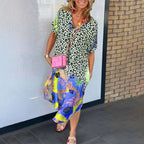 Petra - Women's Leopard Print Midi Dress with Colourful Hem
