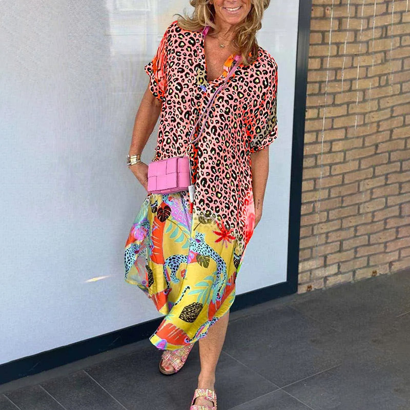 Petra - Women's Leopard Print Midi Dress with Colourful Hem