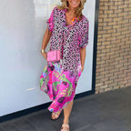Petra - Women's Leopard Print Midi Dress with Colourful Hem