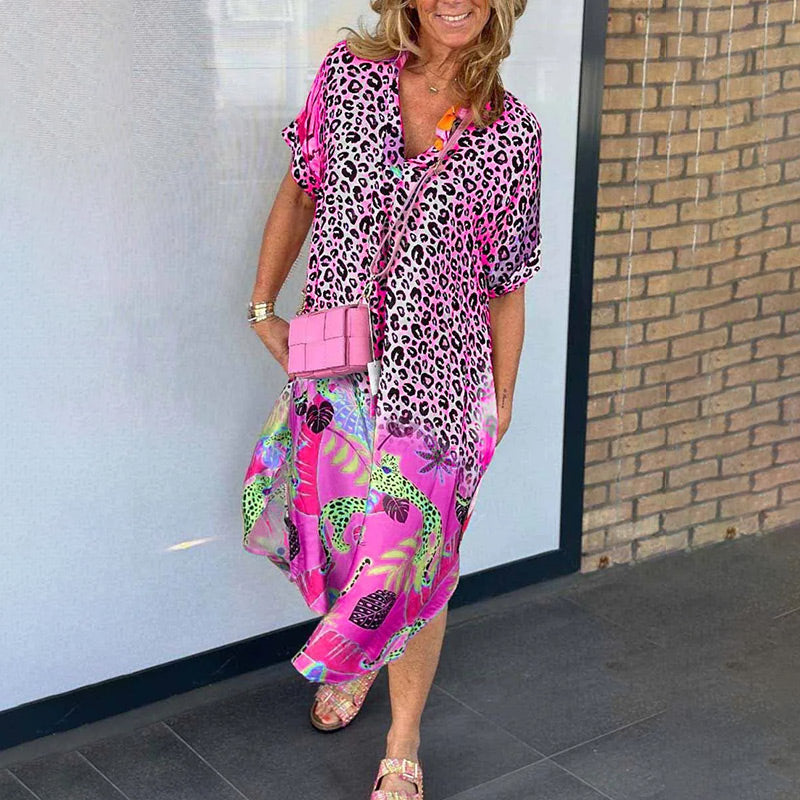 Petra - Women's Leopard Print Midi Dress with Colourful Hem