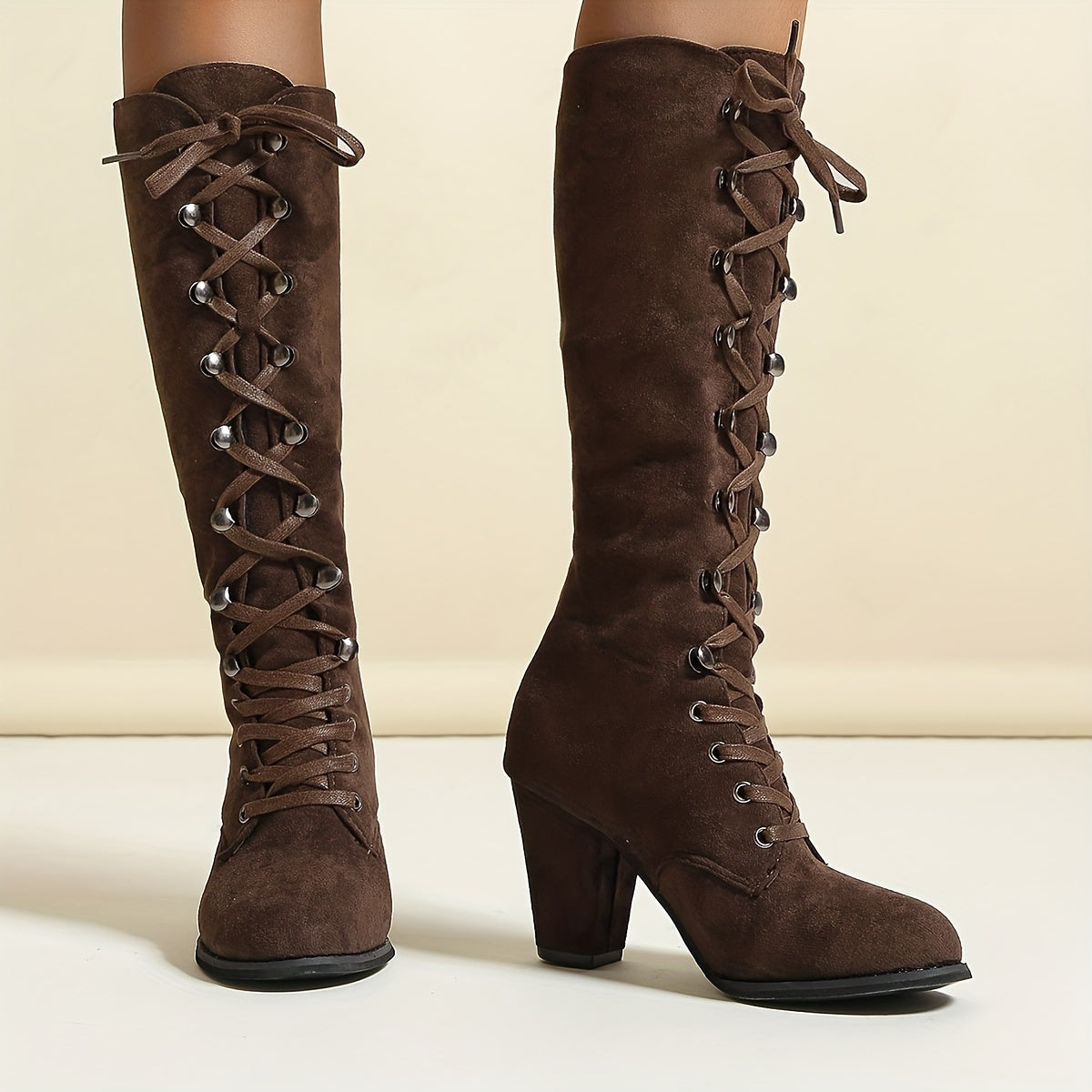 Saffron - Women's Stylish Knee High Lace-Up Boots